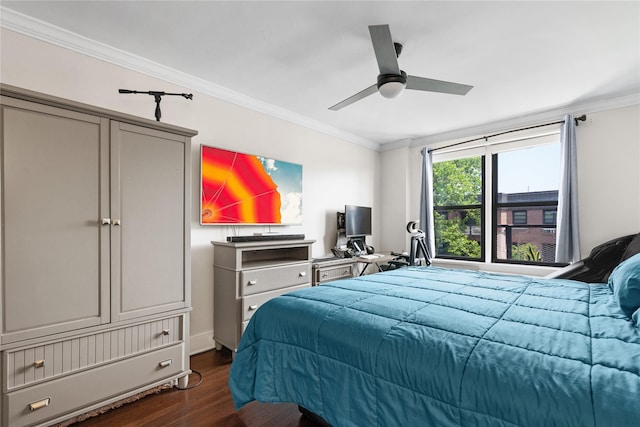 3 Birchwood Ct # 5K, Mineola, NY 11501 - bedroom featuring dark wood-style floors, crown molding, and ceiling fan