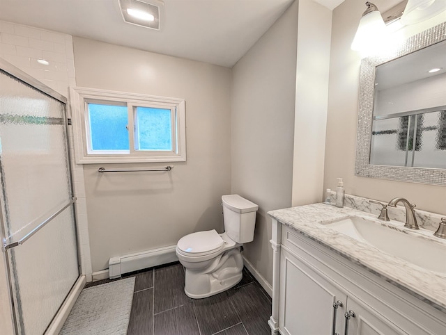 187 Horseblock Rd, Farmingville, NY 11738 - full bath featuring a baseboard heating unit, vanity, and a shower stall