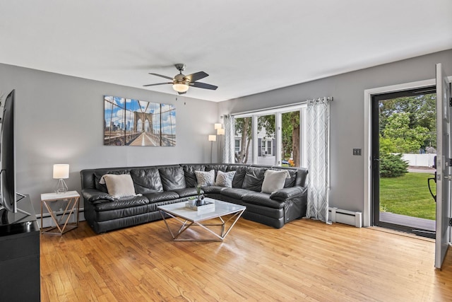 10 Elm Ave, Smithtown, NY 11787 - living room with plenty of natural light, a ceiling fan, wood finished floors, and a baseboard radiator
