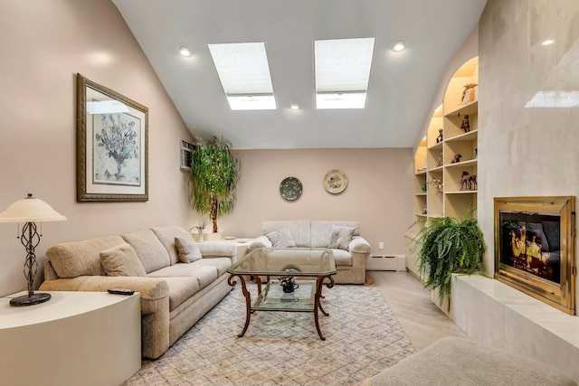 102 Bayview Ave, East Islip, NY 11730 - living room with baseboard heating, a skylight, lofted ceiling, and a tile fireplace