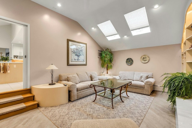 102 Bayview Ave, East Islip, NY 11730 - living area with a skylight, wood finished floors, vaulted ceiling, recessed lighting, and baseboard heating