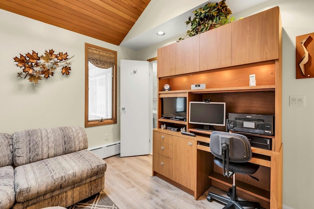 102 Bayview Ave, East Islip, NY 11730 - office area with lofted ceiling, a baseboard heating unit, light wood-style flooring, wood ceiling, and recessed lighting