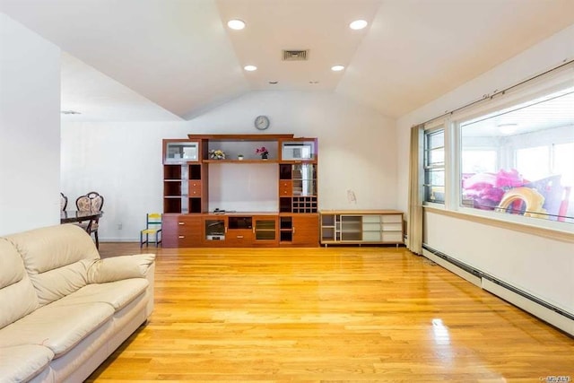 222-60 Birmington Pkwy, Bayside, NY 11364 - living area with a baseboard radiator, light wood finished floors, lofted ceiling, and recessed lighting