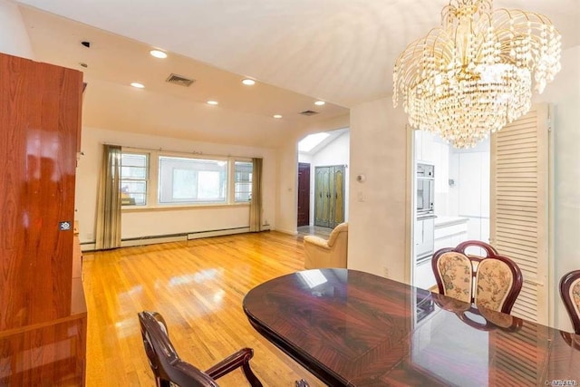 222-60 Birmington Pkwy, Bayside, NY 11364 - dining room with a chandelier, wood finished floors, a baseboard heating unit, recessed lighting, and lofted ceiling