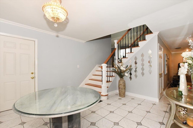 36 Shubert Ln, Bethpage, NY 11714 - entryway with crown molding, stairway, a chandelier, and light floors
