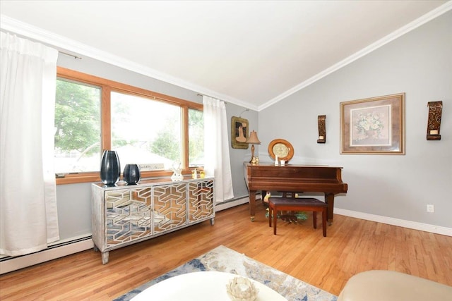 36 Shubert Ln, Bethpage, NY 11714 - office space with lofted ceiling, a baseboard heating unit, healthy amount of natural light, wood finished floors, and ornamental molding