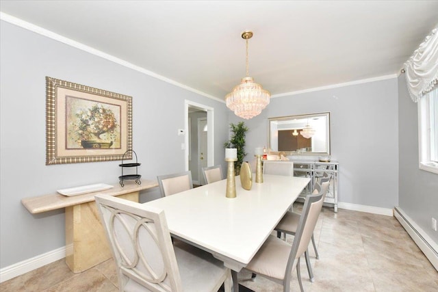 36 Shubert Ln, Bethpage, NY 11714 - dining space with a chandelier, a baseboard heating unit, crown molding, and light tile patterned floors