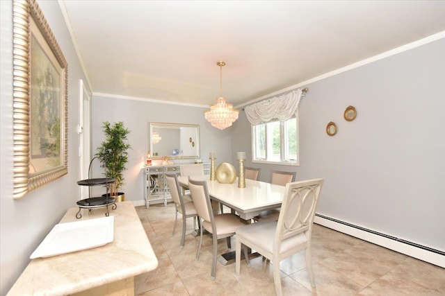 36 Shubert Ln, Bethpage, NY 11714 - dining room featuring a baseboard heating unit, a chandelier, ornamental molding, and light tile patterned floors