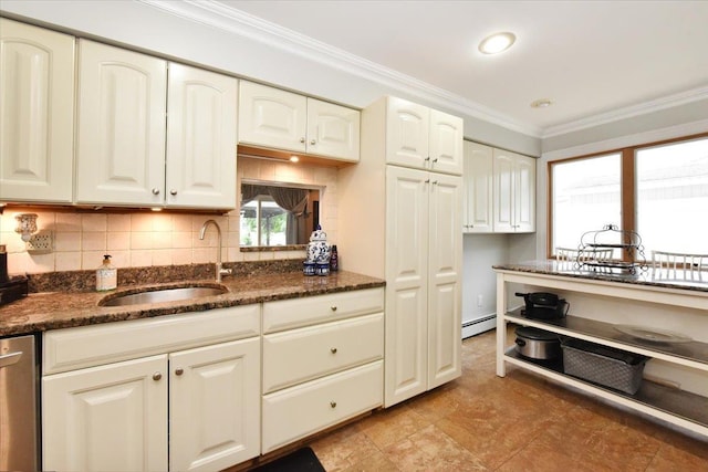 36 Shubert Ln, Bethpage, NY 11714 - kitchen featuring dark stone counters, backsplash, a baseboard heating unit, stainless steel dishwasher, and crown molding