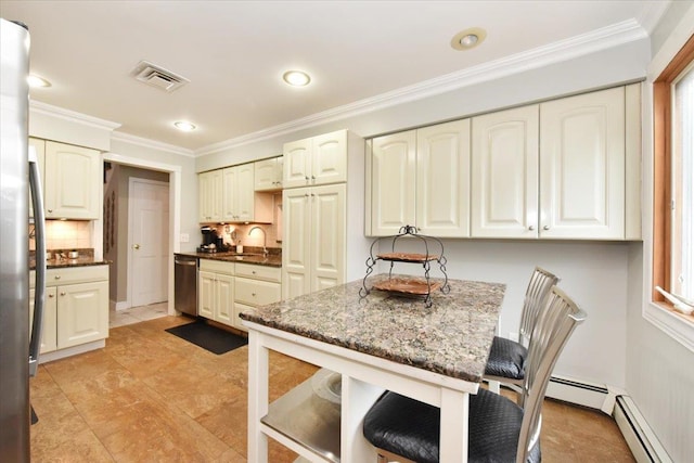 36 Shubert Ln, Bethpage, NY 11714 - kitchen featuring stainless steel appliances, baseboard heating, decorative backsplash, a breakfast bar area, and crown molding