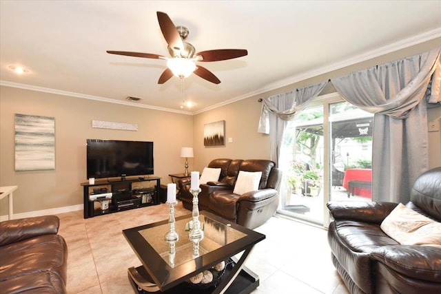 36 Shubert Ln, Bethpage, NY 11714 - living area featuring light tile patterned flooring, ceiling fan, and ornamental molding