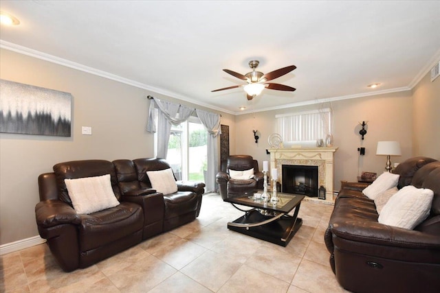 36 Shubert Ln, Bethpage, NY 11714 - living room with ceiling fan, light tile patterned flooring, ornamental molding, and a high end fireplace