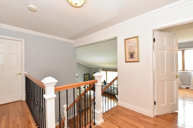 36 Shubert Ln, Bethpage, NY 11714 - hallway with an upstairs landing, wood finished floors, crown molding, and healthy amount of natural light