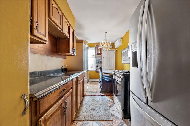 2801 Gunther Ave, Bronx, NY 10469 - kitchen featuring stainless steel appliances, a chandelier, brown cabinets, and dark countertops