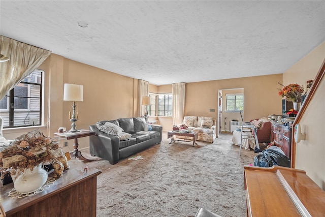 98 Pell Pl, Bronx, NY 10464 - living room featuring a textured ceiling, carpet flooring, and radiator