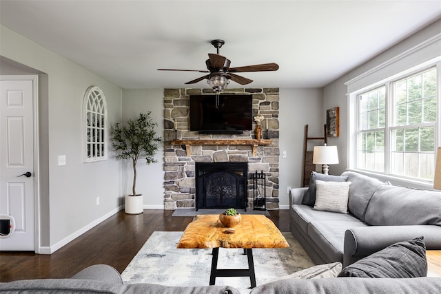 6 Danamarie Ln, East Patchogue, NY 11772 - living room with ceiling fan, wood finished floors, and a stone fireplace