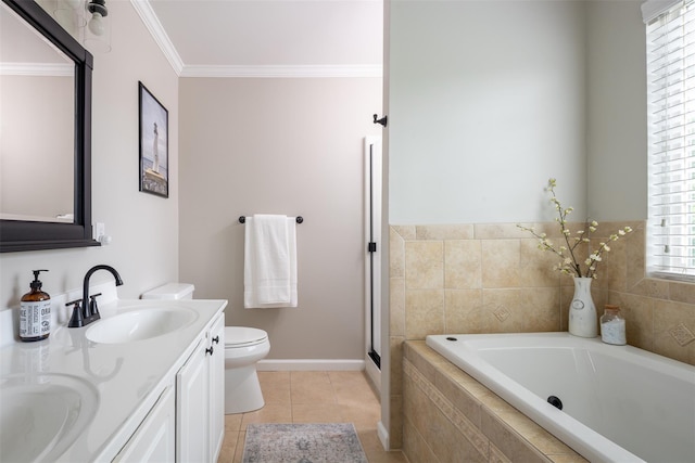 6 Danamarie Ln, East Patchogue, NY 11772 - full bath featuring a bath, double vanity, ornamental molding, tile patterned flooring, and a shower with shower door