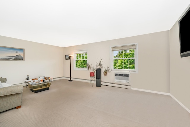 460 Old Town Rd Unit 26P, Port Jefferson Station, NY 11776 - unfurnished living room featuring carpet, a baseboard radiator, and a wall mounted AC