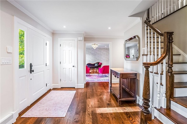 30 Hilltop Rd, Waccabuc, NY 10597 - foyer with stairs, dark wood-style floors, ornamental molding, and recessed lighting