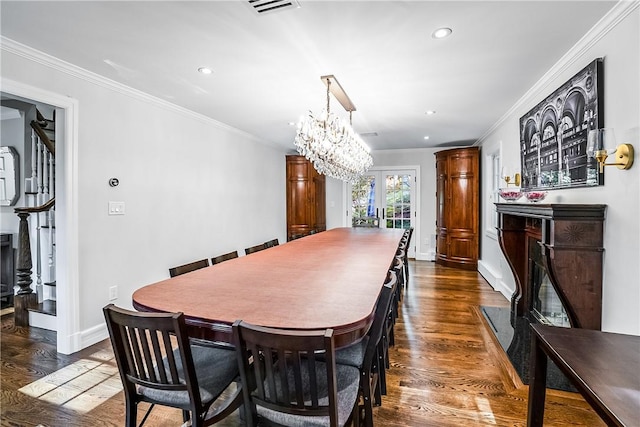 30 Hilltop Rd, Waccabuc, NY 10597 - dining room with dark wood-type flooring, ornamental molding, recessed lighting, and a chandelier