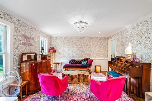 30 Hilltop Rd, Waccabuc, NY 10597 - living area featuring wallpapered walls, a wainscoted wall, plenty of natural light, and crown molding