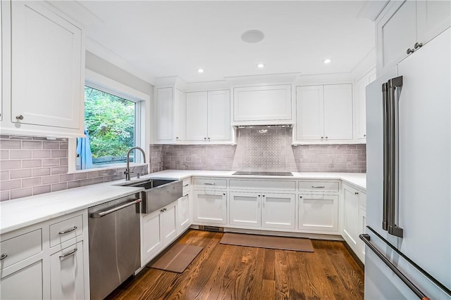 30 Hilltop Rd, Waccabuc, NY 10597 - kitchen featuring stainless steel appliances, white cabinetry, dark wood-type flooring, backsplash, and recessed lighting