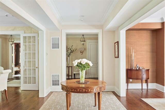 4 Pond Ln, Sands Point, NY 11050 - hallway with dark wood-type flooring and crown molding