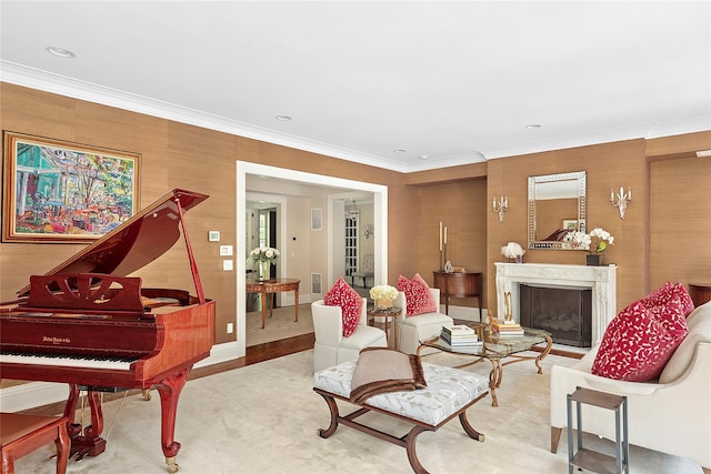 4 Pond Ln, Sands Point, NY 11050 - living area with ornamental molding, a premium fireplace, and recessed lighting