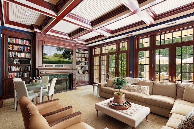 4 Pond Ln, Sands Point, NY 11050 - interior space featuring crown molding, carpet flooring, french doors, beamed ceiling, and coffered ceiling