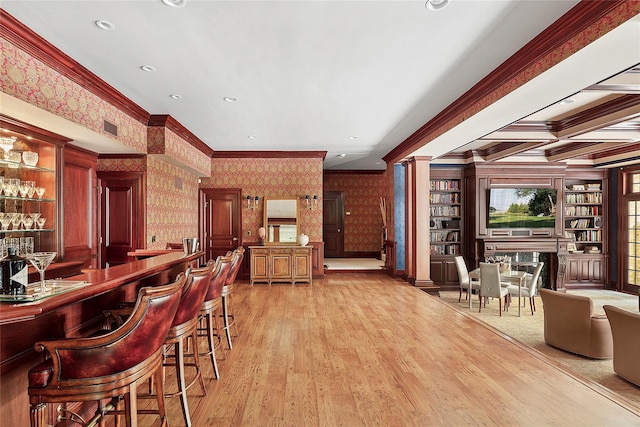 4 Pond Ln, Sands Point, NY 11050 - community bar area with wallpapered walls, crown molding, light wood-style flooring, decorative columns, and recessed lighting