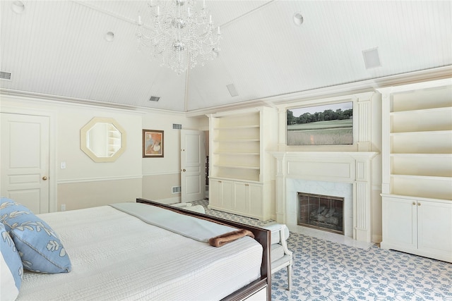 4 Pond Ln, Sands Point, NY 11050 - bedroom with a chandelier and a fireplace