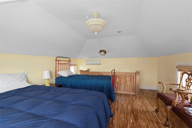 165 Bay Walk, Ocean Beach, NY 11770 - bedroom featuring vaulted ceiling, wood finished floors, and a wall mounted air conditioner