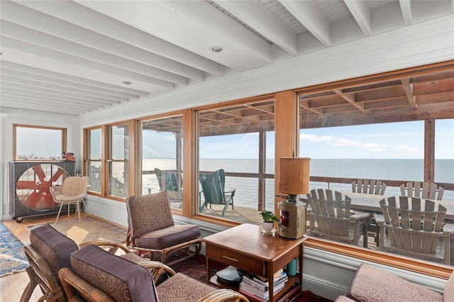 165 Bay Walk, Ocean Beach, NY 11770 - sunroom with beamed ceiling, wood finished floors, and a water view
