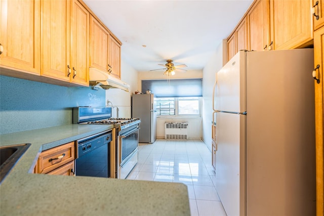 40-04 149th St, Flushing, NY 11354 - kitchen featuring white appliances, radiator, light tile patterned floors, under cabinet range hood, and a ceiling fan