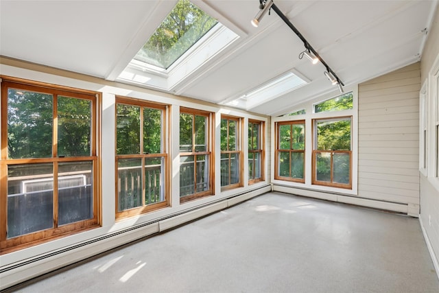 25 Cascade Lake Rd, Warwick, NY 10990 - unfurnished sunroom featuring a skylight, vaulted ceiling, rail lighting, and a baseboard radiator