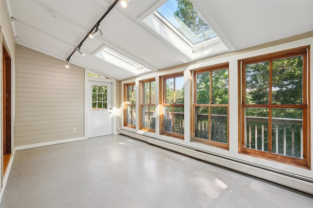 25 Cascade Lake Rd, Warwick, NY 10990 - unfurnished sunroom featuring a skylight, vaulted ceiling, baseboard heating, and wood walls