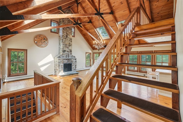 25 Cascade Lake Rd, Warwick, NY 10990 - stairs with wood-type flooring, high vaulted ceiling, baseboard heating, a wooden ceiling with exposed beams, and a chandelier