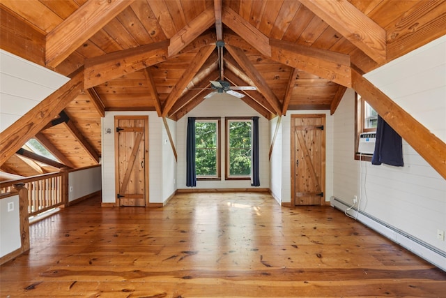 25 Cascade Lake Rd, Warwick, NY 10990 - additional living space with a baseboard heating unit, wood-type flooring, wood ceiling, and ceiling fan