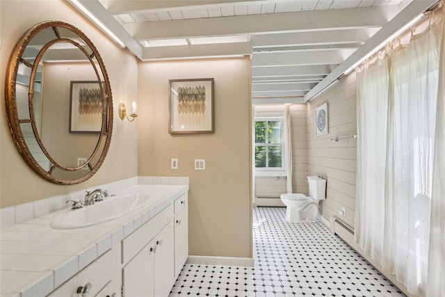 25 Cascade Lake Rd, Warwick, NY 10990 - bathroom featuring vanity, a baseboard radiator, beam ceiling, and a shower with curtain