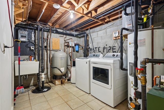 25 Cascade Lake Rd, Warwick, NY 10990 - laundry area featuring separate washer and dryer, electric water heater, and tile patterned flooring