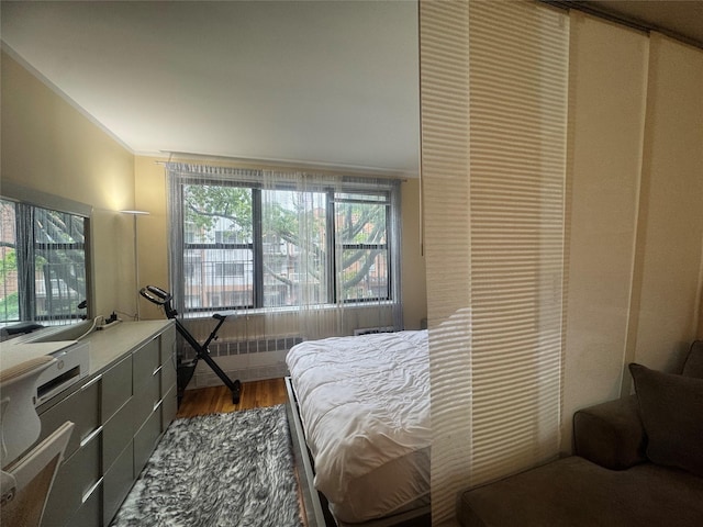76-26 113th St Unit 2D, Forest Hills, NY 11375 - bedroom featuring crown molding, wood finished floors, and radiator heating unit