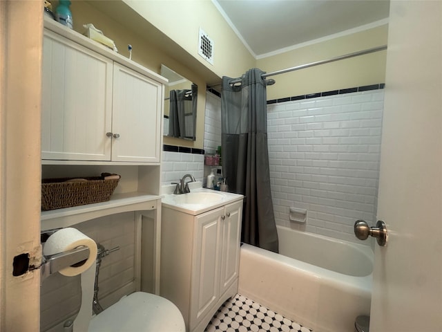 76-26 113th St Unit 2D, Forest Hills, NY 11375 - bathroom with vanity, ornamental molding, shower / tub combo, and decorative backsplash