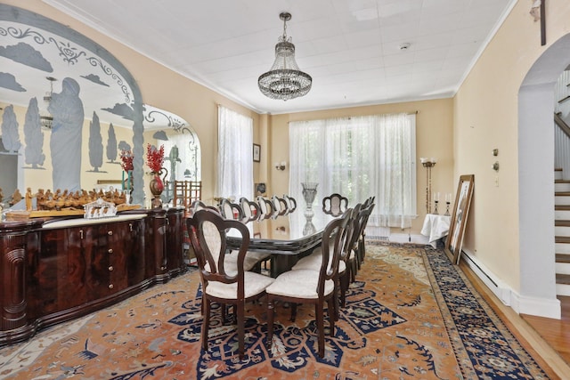 42 N Healy Ave, Hartsdale, NY 10530 - dining area with baseboard heating, arched walkways, stairway, ornamental molding, and a chandelier