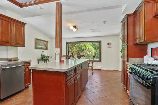 42 N Healy Ave, Hartsdale, NY 10530 - kitchen with stainless steel dishwasher, black gas stove, light countertops, and light tile patterned floors