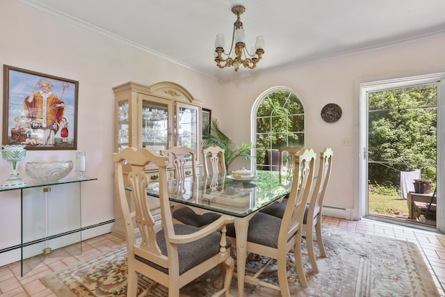42 N Healy Ave, Hartsdale, NY 10530 - dining area featuring a chandelier, baseboard heating, and crown molding