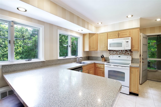 20 Primrose Ln, East Hills, NY 11577 - kitchen featuring white appliances, light brown cabinets, a peninsula, light countertops, and light tile patterned floors