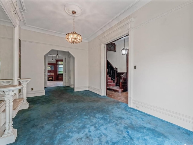 1269 Bergen St Hse, Unit Hse, Brooklyn, NY 11213 - unfurnished dining area featuring arched walkways, carpet floors, stairs, a chandelier, and crown molding