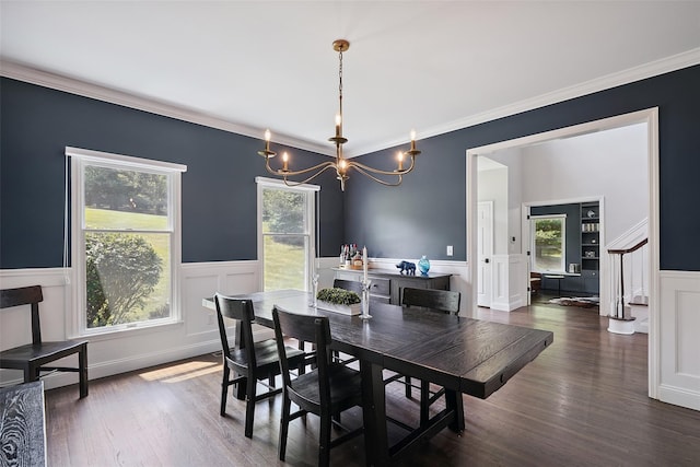 64 Lambert Rdg, Cross River, NY 10518 - dining space with a chandelier, wainscoting, ornamental molding, wood finished floors, and a decorative wall