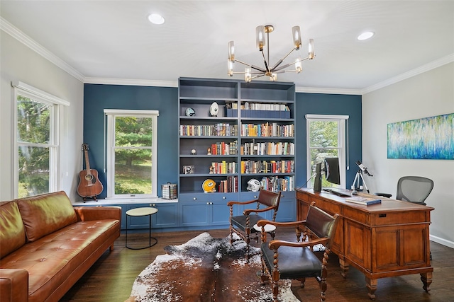 64 Lambert Rdg, Cross River, NY 10518 - office area featuring a chandelier, dark wood-style floors, ornamental molding, and recessed lighting