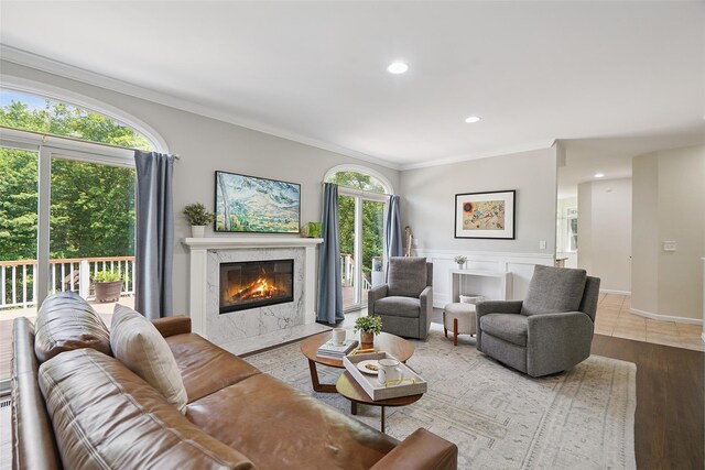 64 Lambert Rdg, Cross River, NY 10518 - living room featuring crown molding, a premium fireplace, wood finished floors, and recessed lighting